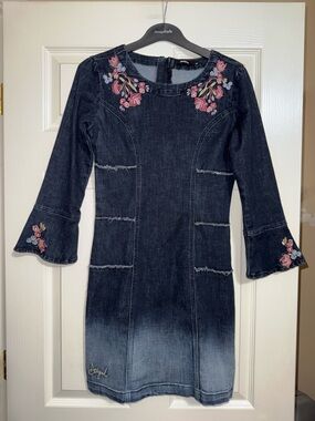 Desigual Dark Blue Embroidered Denim Shift Dress